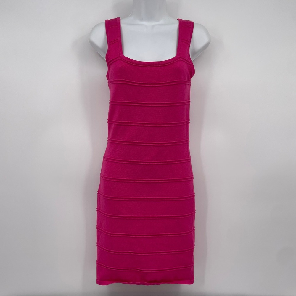 Say What? Hot Pink Bandage Mini Dress Black Strappy Back Square Neck‎ Medium